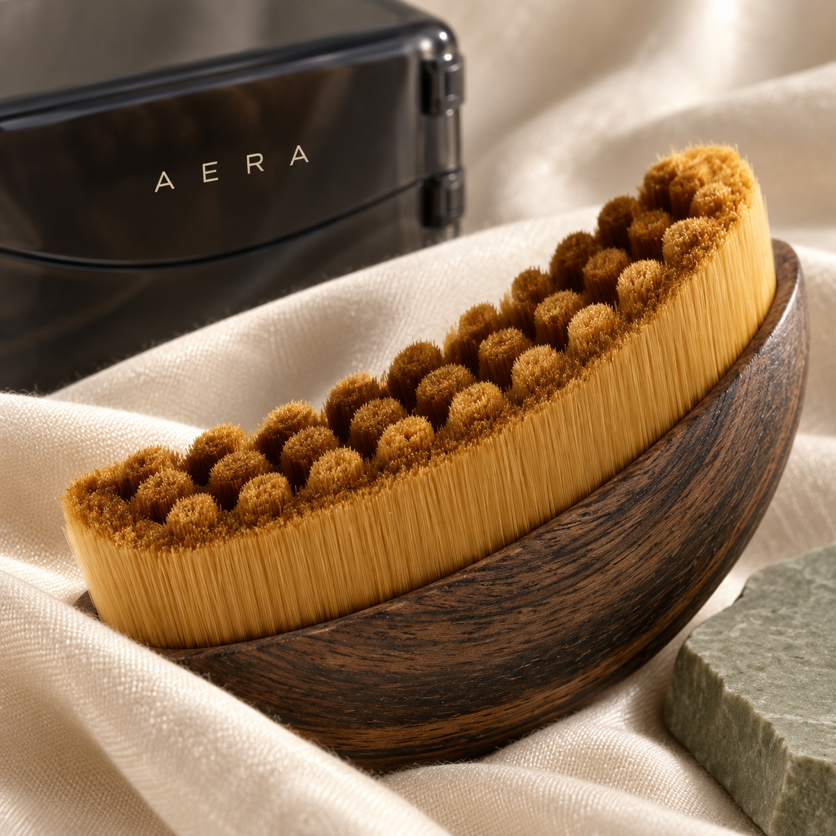 Gros plan original sur les fibres ambrées et le bois de la brosse AERA