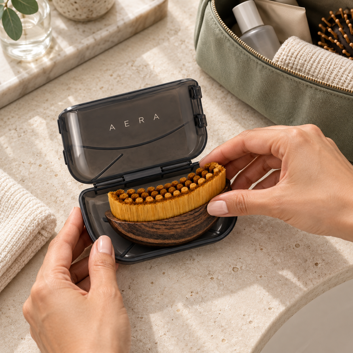 Rangement de la brosse AERA dans son étui de voyage