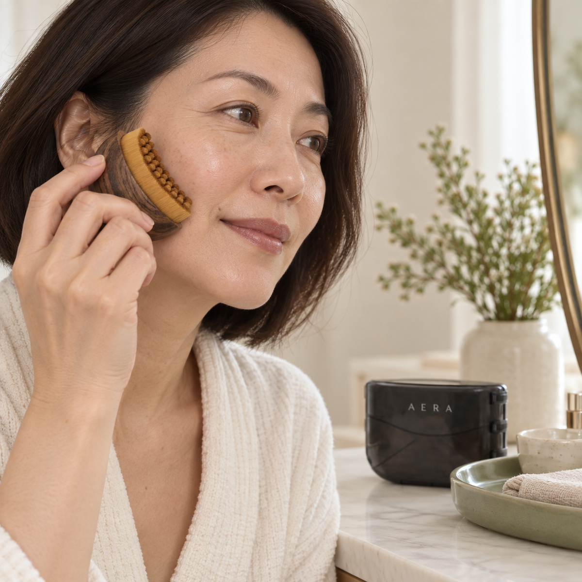 Femme utilisant la brosse AERA sous la pommette